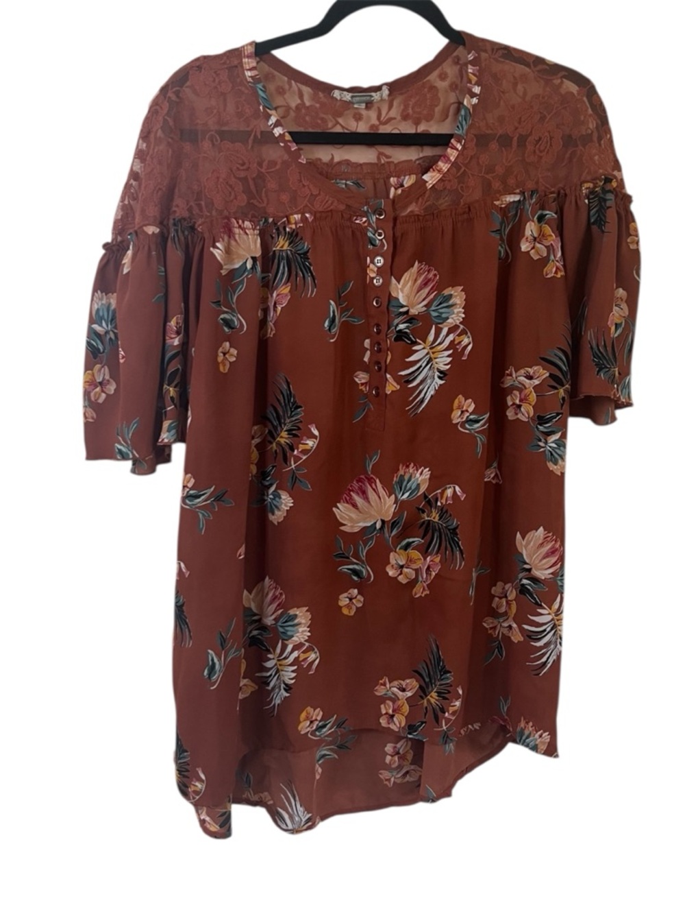 Gimmicks Blouse Womens XL Rust Floral Sheer Lace Boho Tunic Button Top BKE